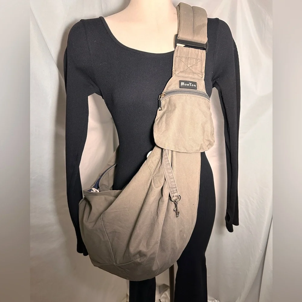 Slow Ton Pet Sling Carrier Bag Khaki Canvas Adjustable Crossbody Travel Dog Cat